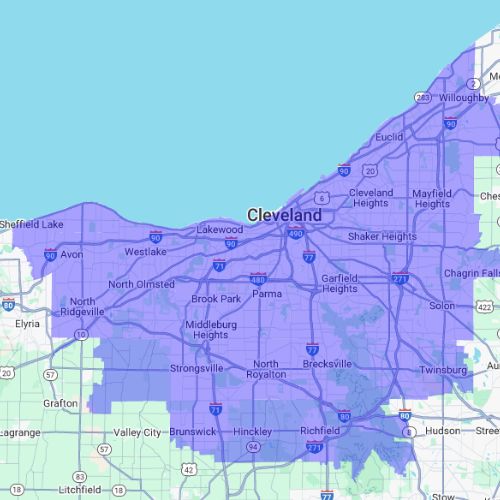 map showing the cleveland, ohio metropolitan area, with the specific neighborhoods and suburbs served by cisneros cleaning service outlined